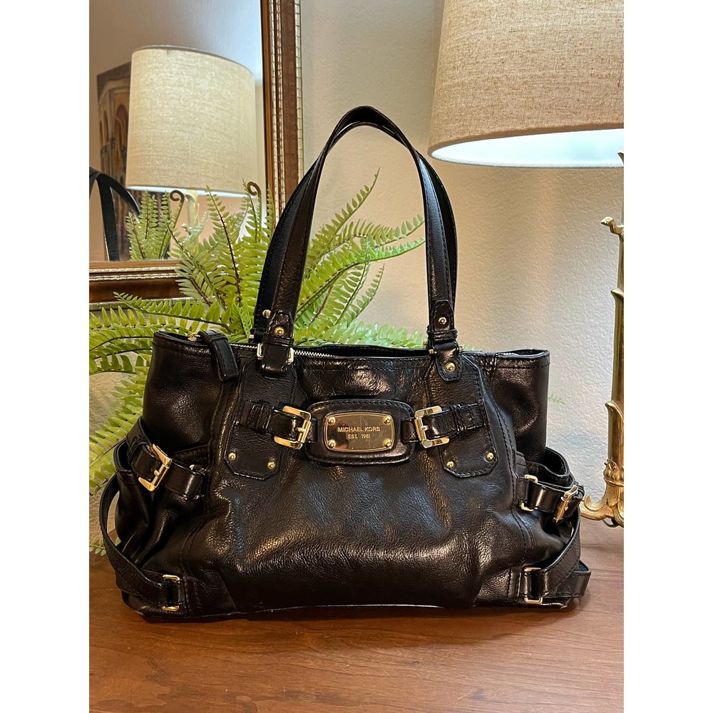 Michael Kors Black Leather Shoulder Bag with Gold Toned Buckles Hardware